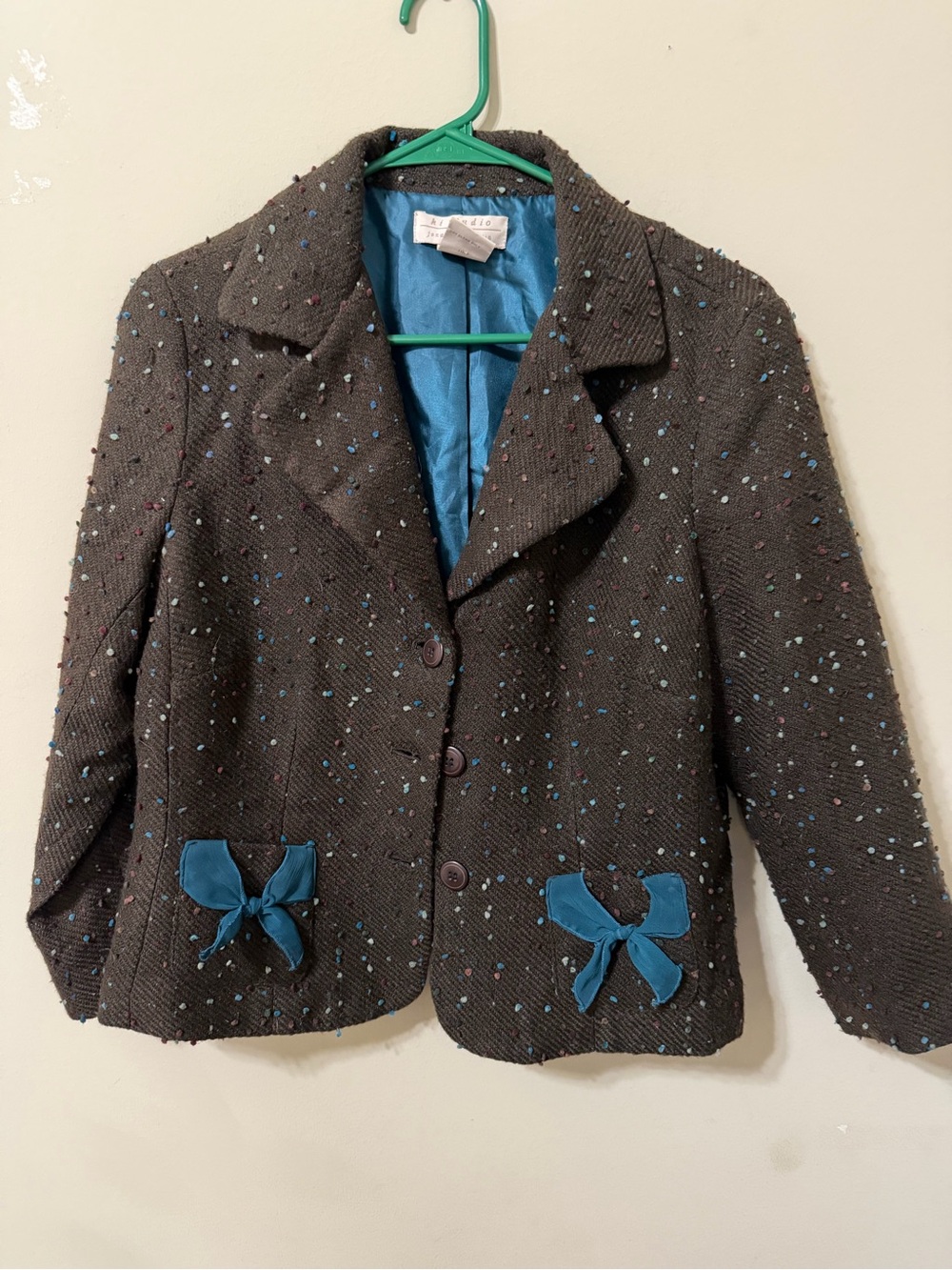jonathan martin Anthropologie Brown Tweed Jacket with Teal Satin Lining 10 chic